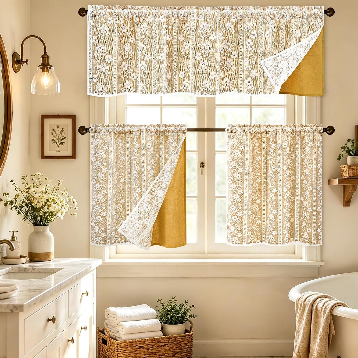 ASPMIZ Linen Valances for Windows Double Layer Valance Curtains with Lace Overlay, Mustard Yellow Kitchen Curtains Light Filtering, Rod Pocket Window Valances for Living Room, Kitchen, Cafe, 52x18