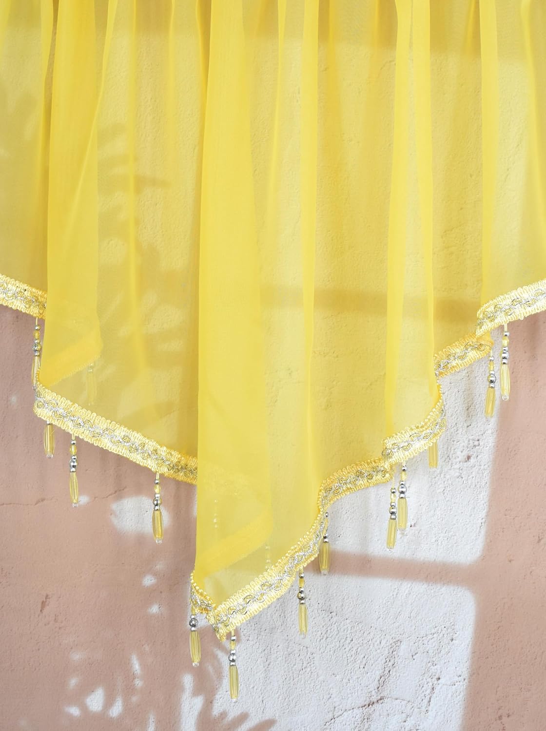 Molaxhome Swag Curtain 51 inch Length Rod Pocket Scalloped Curtain Valance Sheer Lace Panels with Hanging Crystal Beads for Kitchen Bedroom Window Treatments Drape Decor 1pc (Yellow, 51Wx23L)