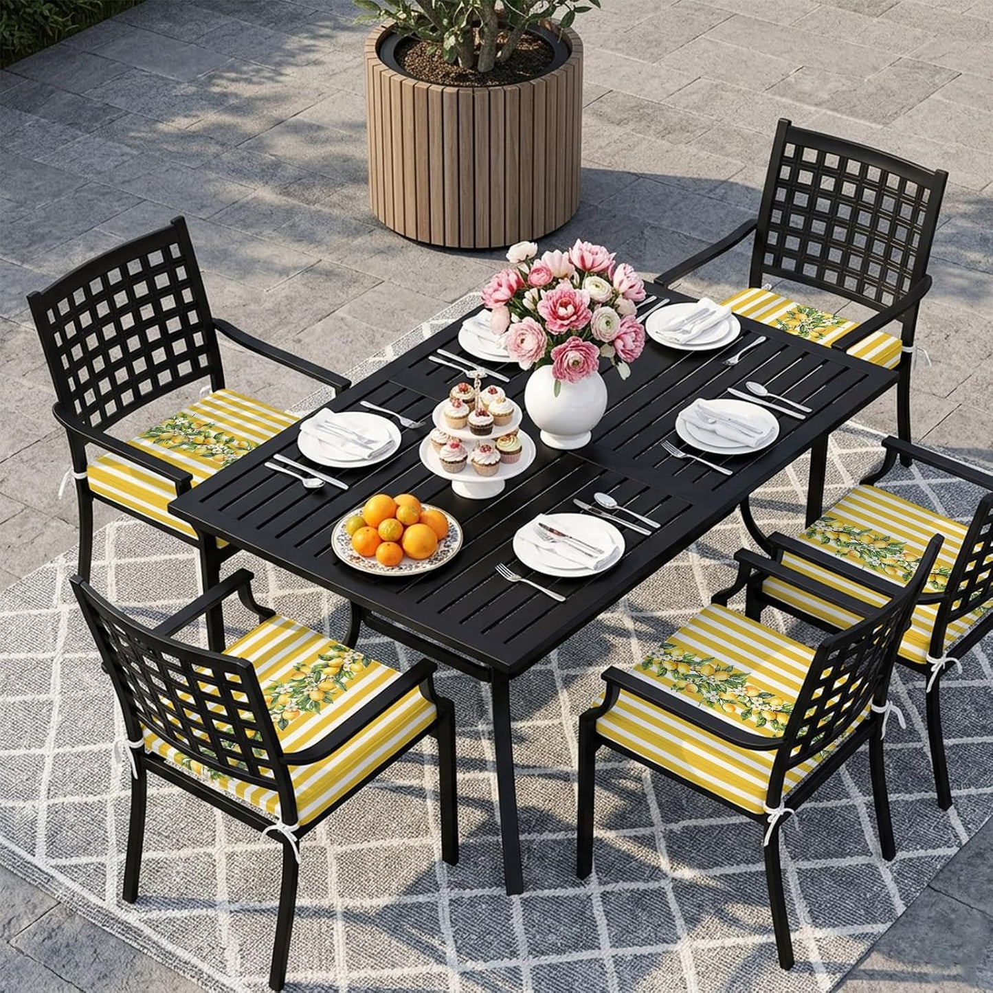 Outdoor Patio Cushion Covers 2 Pack Yellow Lemon Stripes Chair Pads Slipcovers with Ties Waterproof Floral Fruit Leaves Seat Cushion Covers for Outdoor Furniture Protector Couch Sofa 22x20 Inch