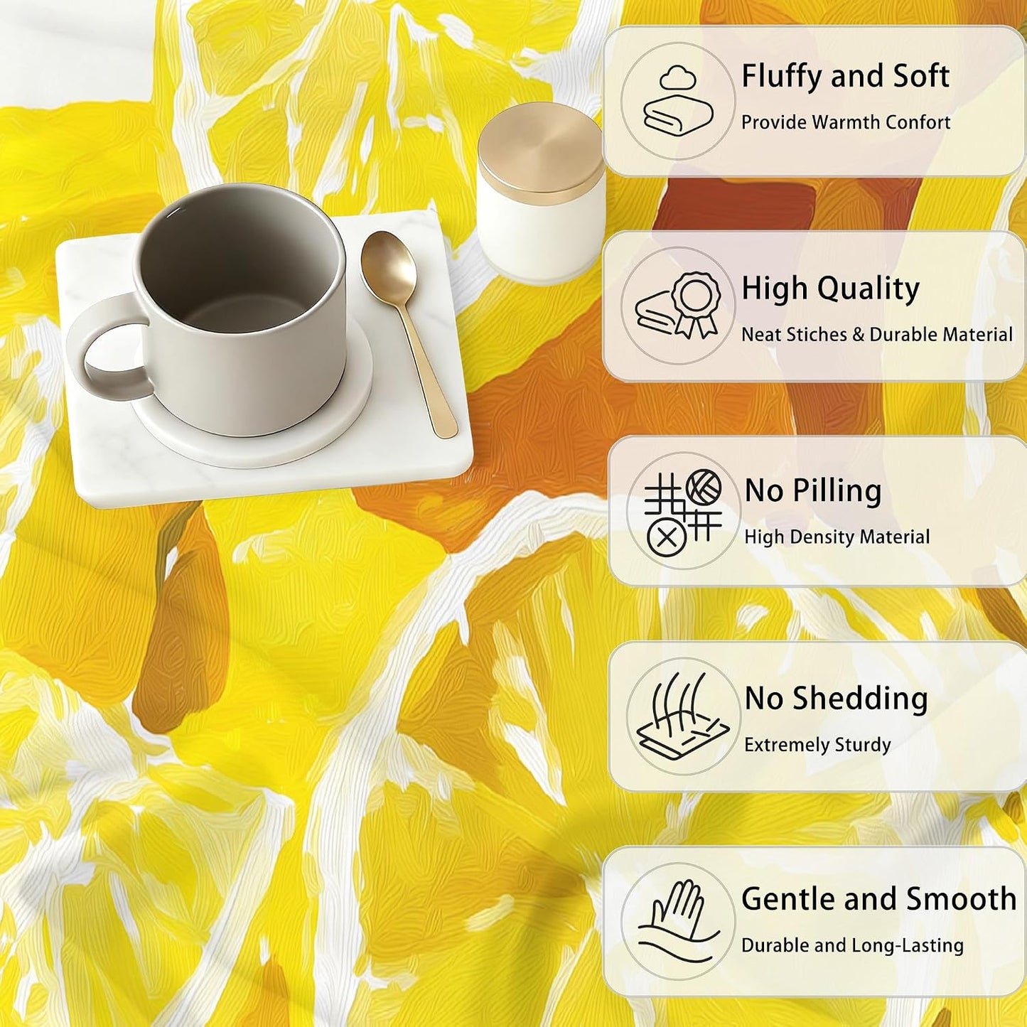 Classic Yellow Fluffy Blanket for Couch Sofa Bed, Oil Painting Lemon Fruit Printed Fleece Warm Throw Blanket, Cozy & Comfy Bedroom Living Room Blankets for All Seasons 90 x 90 Inches