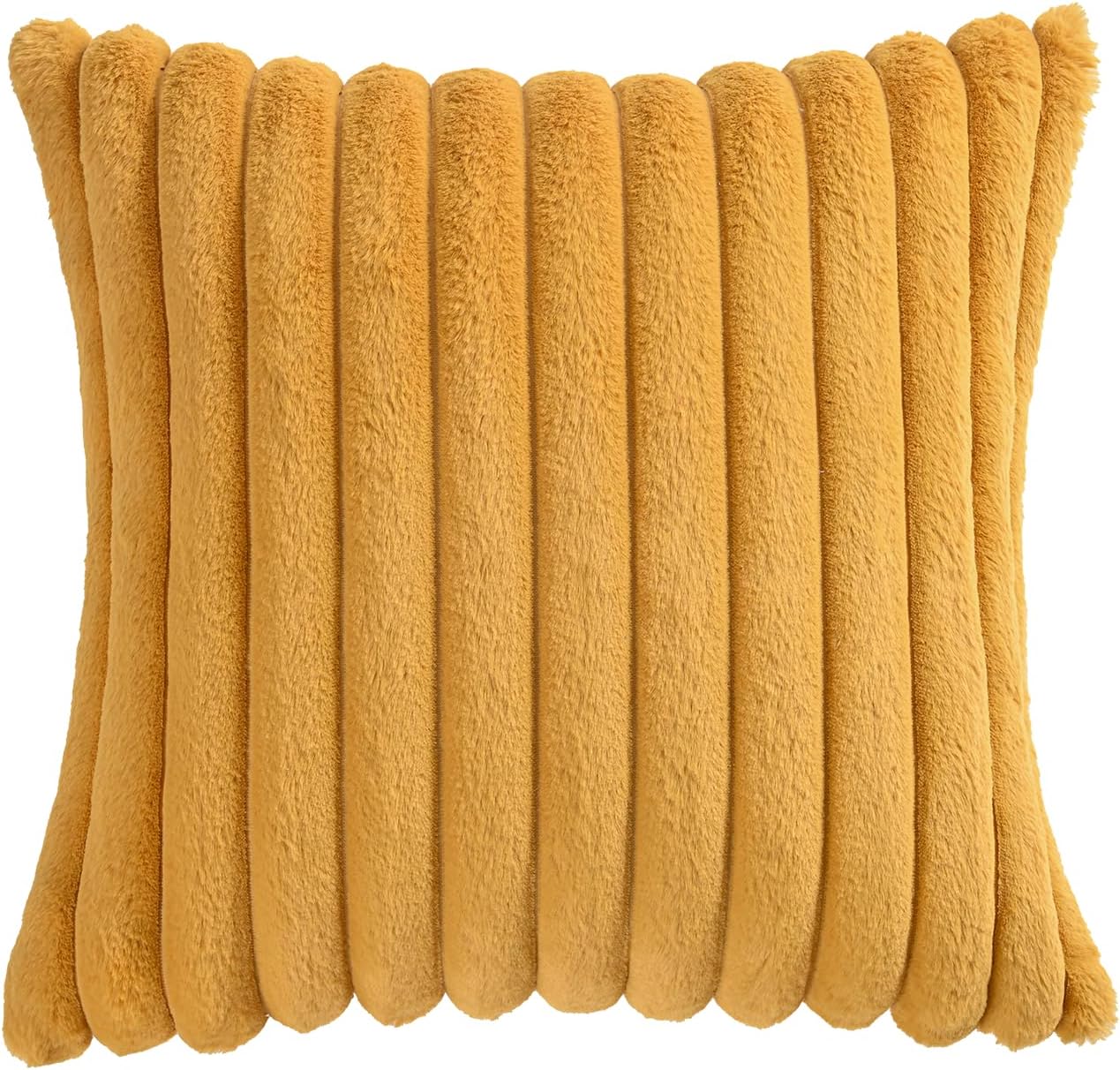 Volcanics Pack of 1 Double-Sided Faux Fur Plush Decorative Throw Pillow Covers 18x18 Inches Soft Fluffy Striped Couch Pillow Cases, Mustard Yellow