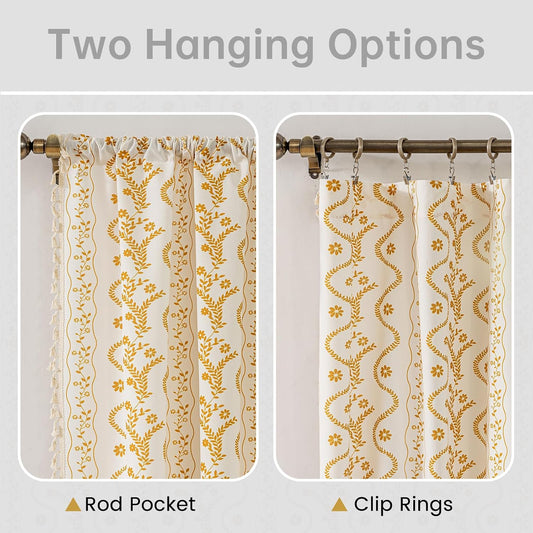 Yellow Boho Curtains 63 Inch Long for Living Room, Bedroom, 2 Panels Floral Farmhouse Vintage Tassel Semi Sheer Light Filtering Privacy Window Curtains Drapes with Rod Pocket