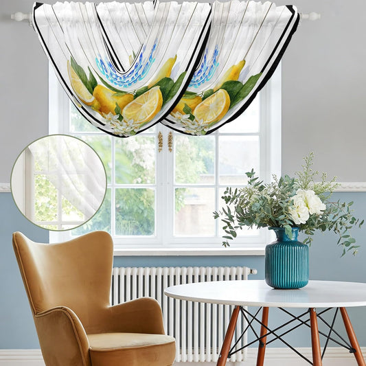 Waterfall Valance Curtain, Summer Lemon Flower Leaf Semi Sheer Kitchen Curtains Luxury Waterfall Valances for Windows, Farmhouse Wood Plank Black White Line Rod Pocket Curtain Valance for Living Room