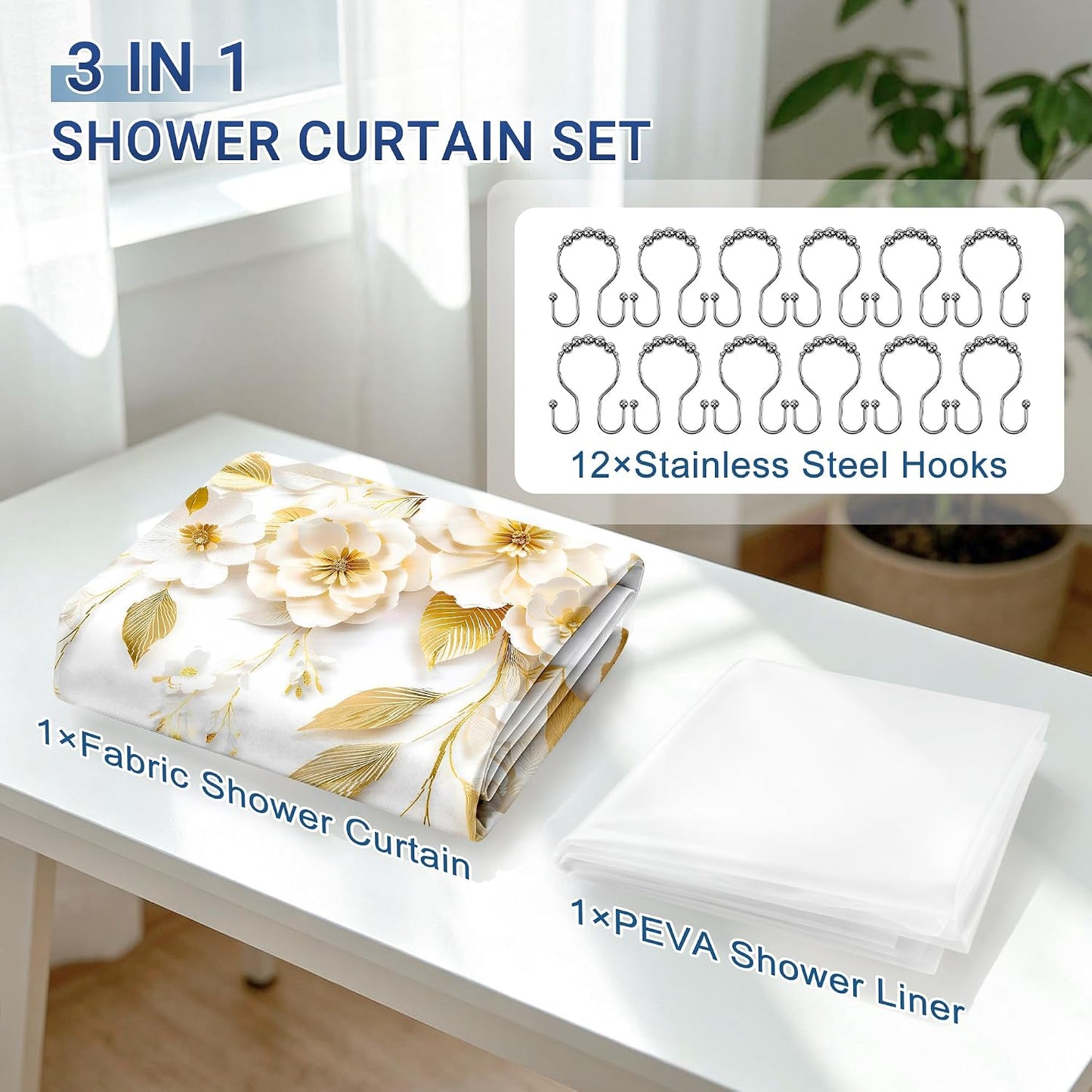Chrainy 3 in 1 Golden Floral Double-Layer Shower Curtain Set, 72 * 72 in | Polyester Shower Curtain and PEVA Liner, 12 Stainless Steel Hooks, Waterproof Watercolor Bath Curtain for Bathroom Toilet