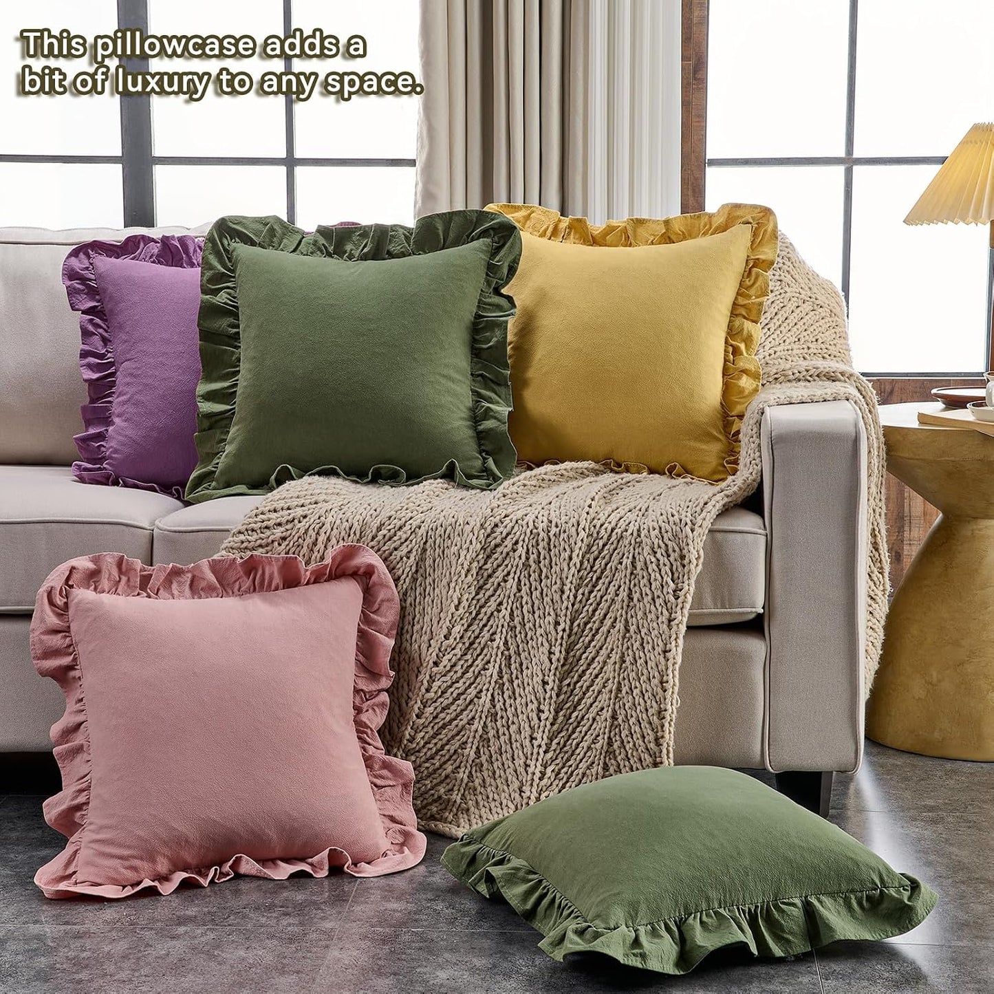 AmHoo Pack of 2 Throw Pillow Covers 100% Cotton Pre Washed Ruffle Decorative Pillowcase Cushion for Couch Sofa Bedroom 18 x 18-Inch Yarrow Yellow