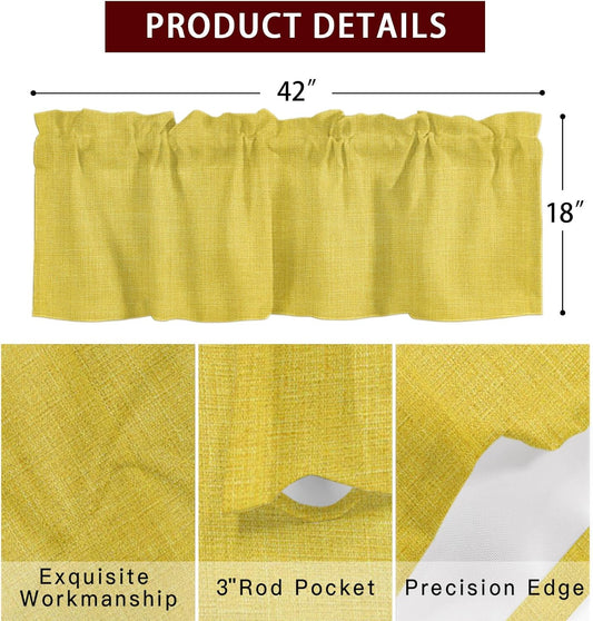 Yellow Linen Texture Valances for Windows, Rod Pocket Window Valance Curtain, Yellow Solid Color Light Filtering Short Curtain for Kitchen, Bathroom, Bedroom, 42x18 in