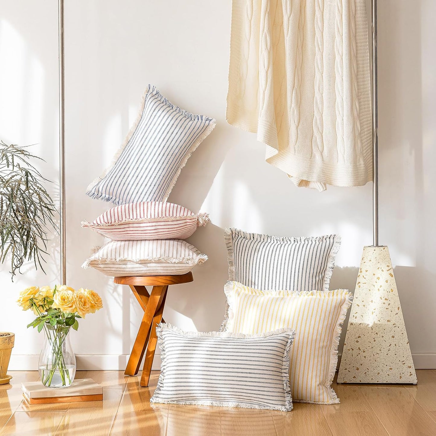 YEENAASY Throw Pillow Covers 18x18 Set of 2 Striped Fringe Pillow Cover Farmhouse Cushion Covers with Tassel Neutral Boho Pillows Decorative Square Pillowcase for Couch Sofa Bed, Yellow