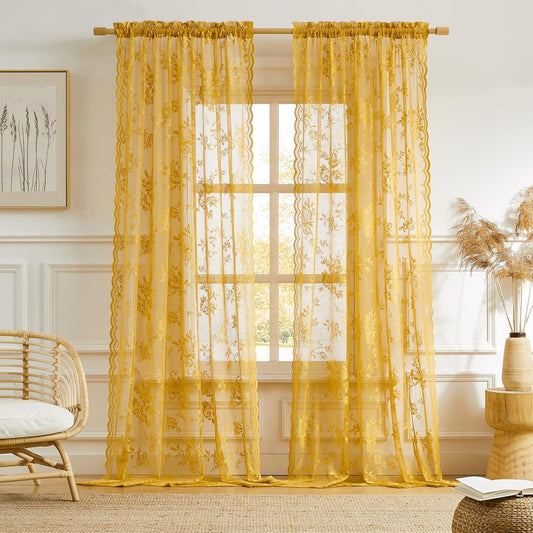 Golden Yellow Lace Curtains 84 Inches Long 2 Panels Country Flower Sheer Curtains for Bedroom Living Room Neutral Fall Decor Rod Pocket Light Filtering Drapes for Casual Halloween Autumn, 52x84