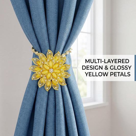 2 Pack Gold Yellow Flower Curtain Tiebacks Window Holdback Buckles | Tie Backs Holders Stretchable Wire Rope Amber Warm Accent Bright Elegant Toolless Clasp Flexible Loop Sheer Thick Panels