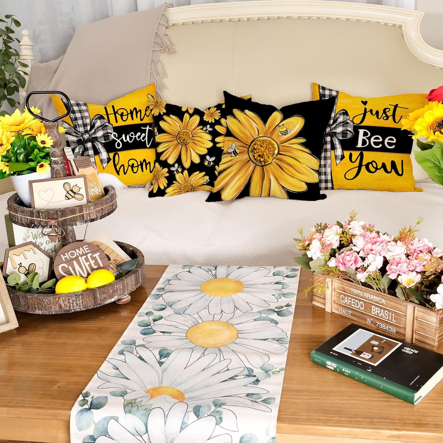GEEORY Summer Pillow Covers 18x18 Inch Set of 4, Daisy Floral Bee Home Sweet Home Black Yellow Farmhouse Decorative Throw Pillowcases for Sofa G704-18