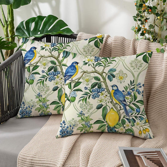 Summer Chinoiserie Pillow Covers 18x18 Set of 2, Blue Green Flower Floral Bird Throw Pillows, Vintage Lemon Decorative Pillowcase, Botanical Outdoor Decor Cushion Case