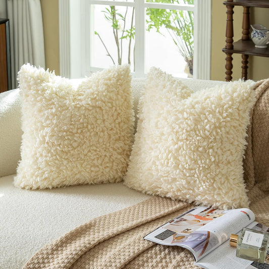 MANDIOO 2 Pieces 18x18 Inch Cream Yellow Faux Fur Throw Pillow Covers Boucle Decorative Sherpa Pillow Covers Thick Fuzzy Fleece Pillowcases Cushion Covers for Sofa Couch Bed Living Room