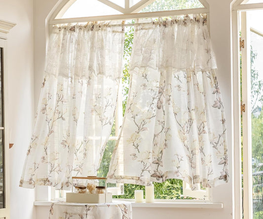 Floral Printed Semi Sheer Linen Window Curtain 2 Panels for Bedroom Attached Lace Valance Rod Pocket Light Filtering Curtains for Living Room (Yellow,52"x84")