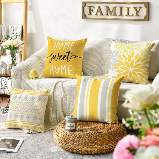 AVOIN colorlife Dahlia Flowers Yellow Summer Throw Pillow Covers, 18 x 18 Inch Home Sweet Home Living Room Outdoor Cushion Case Decoration for Sofa Couch Set of 4