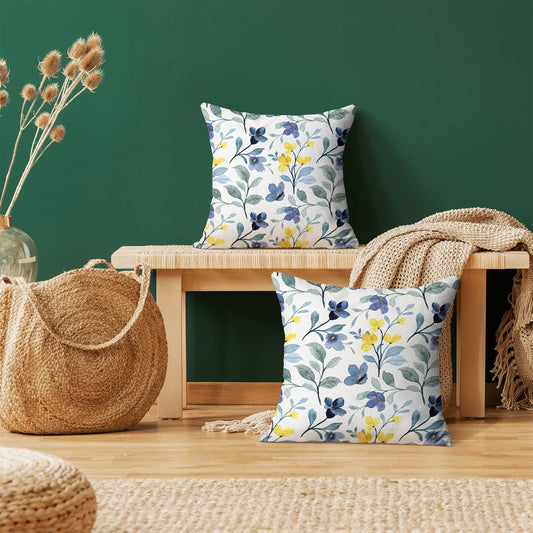Yellow Blue Flower Pillow Covers 18x18 Set of 2, Watercolor Plants Farmhouse Decorations Throw Pillow Covers Vintage Floral Leaves Outdoor Decorative Linen Cushion Case for Couch Sofa Home