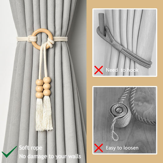 NICEEC 2 Pack Natural Cotton Rope Curtain Tiebacks Boho Style Decorative Drape Tie Backs Elegant Hand Woven Rope Curtain Holdbacks with Wooden Ring for Home & Office Window Drapery (T-Yellow)