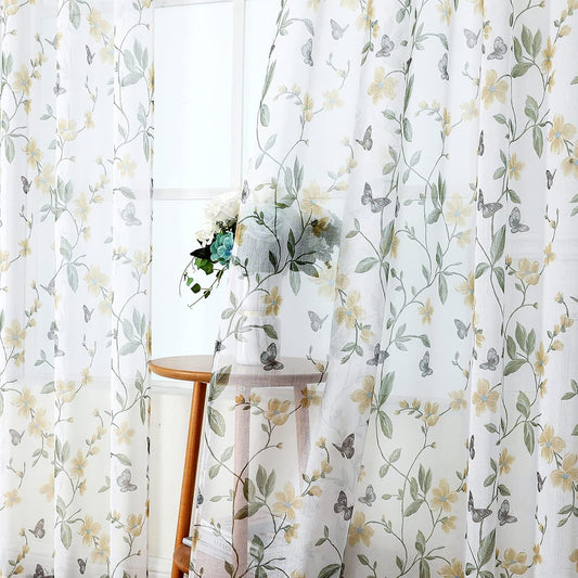 Tollpiz Sheer Floral Curtains Yellow Flower Butterfly Printed Bedroom Curtain Rod Pocket Voile Faux Linen Short Window Curtains for Living Room, 54 x 45 inches Long, Set of 2 Panels