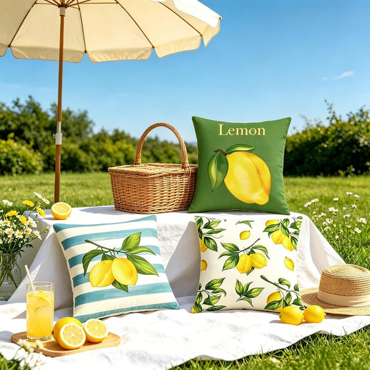 Bonhause Summer Lemon Pillow Covers 18 x 18 Inch Set of 4 Yellow Fruit Floral Green Leaves Outdoor Decorative Polyester Linen Pillowcases for Sofa Couch Bedroom Home DΓ©cor