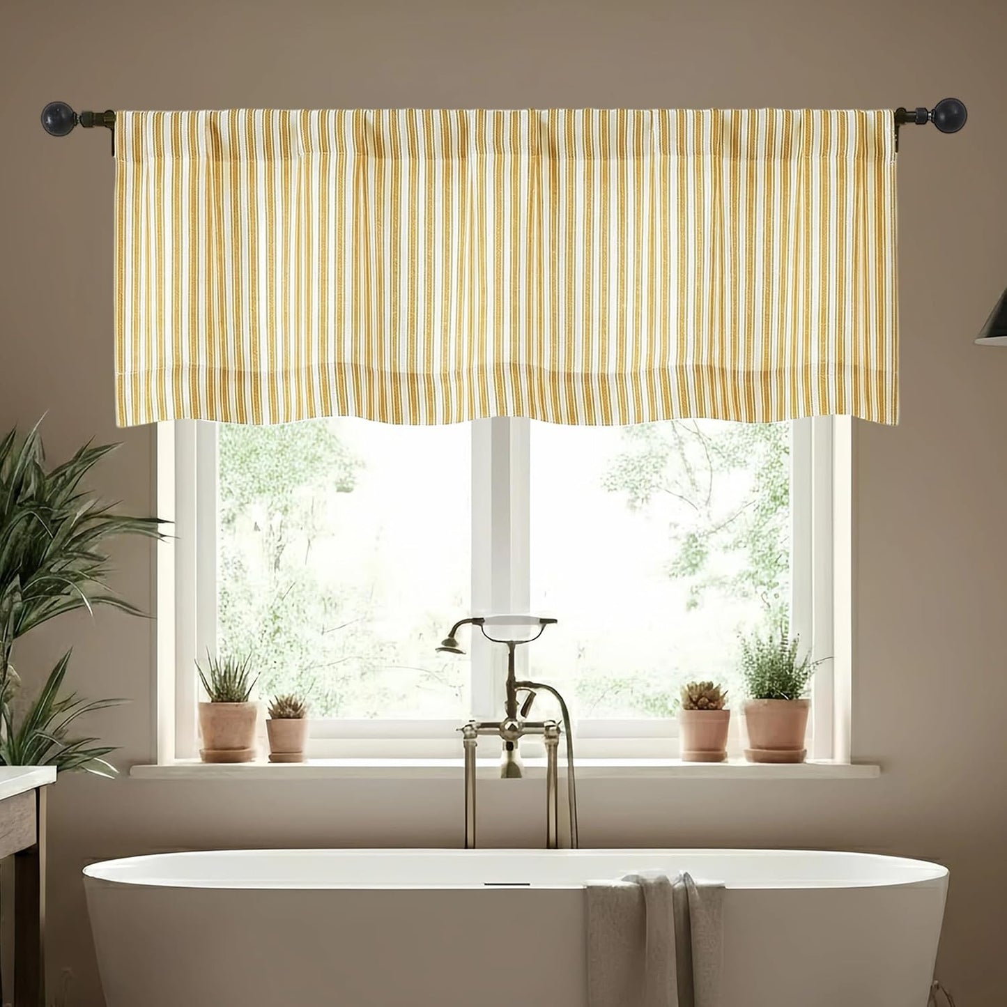 Chyhomenyc Striped Valances for Windows - Light Filtering Faux Linen Small Tier Valance Curtains, Boho Ticking Stripe Rod Pocket Farmhouse Valance for Living Room, 52Wx14L, 2 Pieces, Yellow Gold