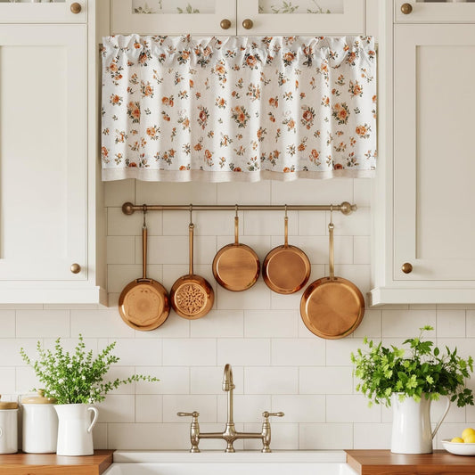 StangH Linen Floral Valance Kitchen Curtains 18 Inches,Printed Double Layer Valance Living Room Laundry Room Darkening Farmhouse Vintage Flower Window Treatment,Yellow,W52 x L18,1 Panel