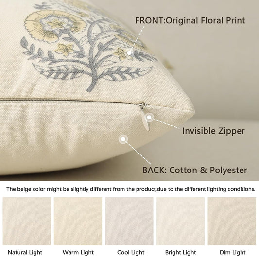 Summer Vintage Floral Print Pillow Covers 18x18 Set of 2 Patterned Accent Decorative Cushion Covers Modern Farmhouse Throw Pillow Covers for Sofa Couch Chair Bed Living Room Home Decor, Mellow Yellow