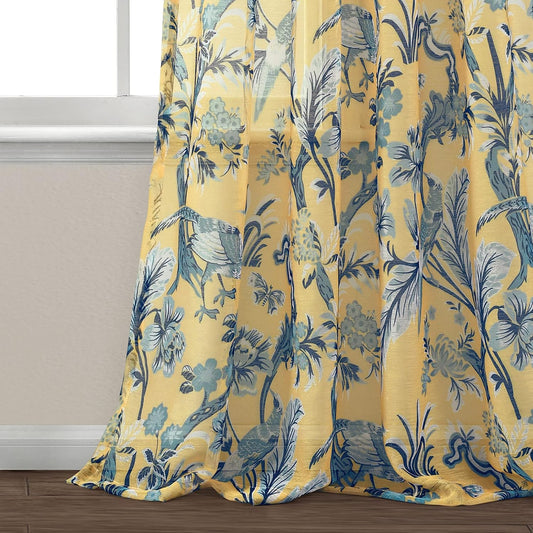 Lush Decor Dolores Sheer Window Panels, Pair, 52" W x 84" L, Yellow - Toile Curtains - Floral Bird Print - Grandmillennial & French Country Curtains - Cottage & Maximalist Home Decor