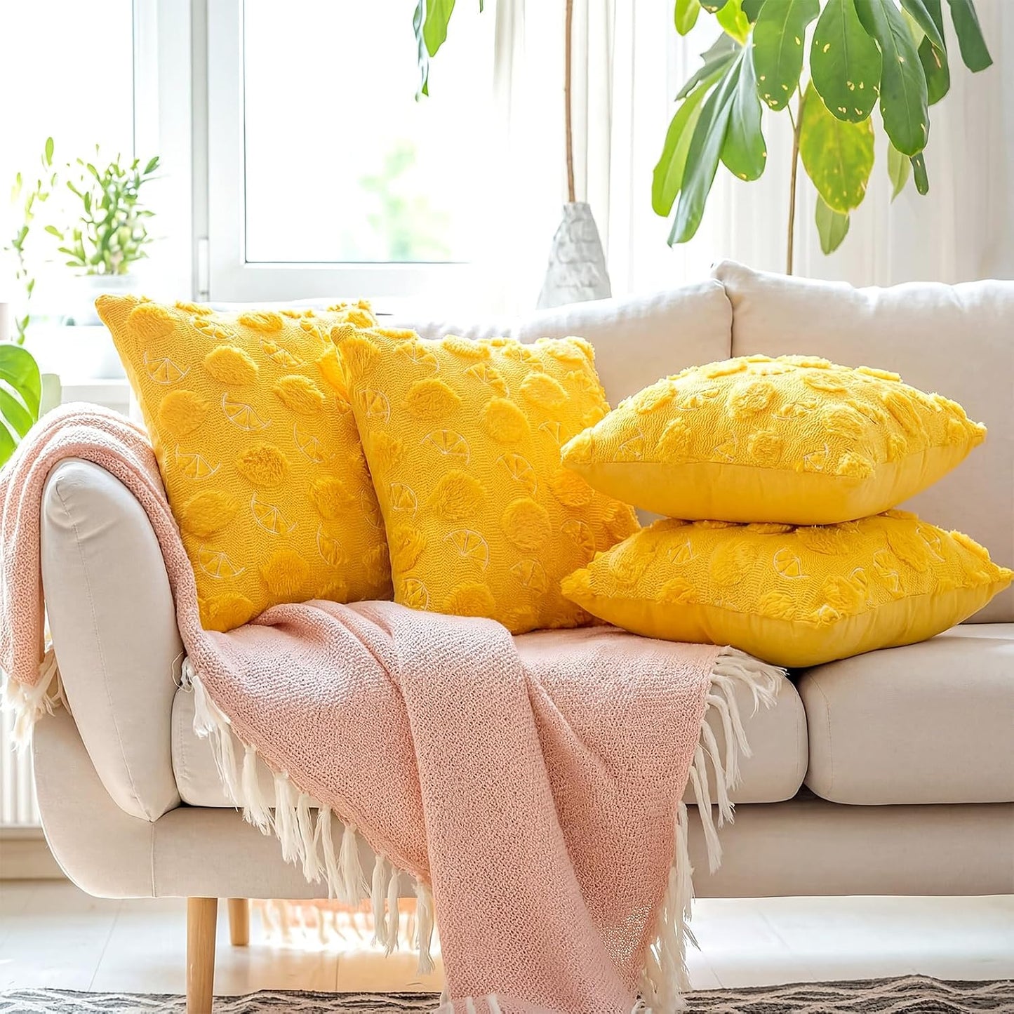 Novabright Set of 2 Decorative Yellow Pillow Covers 18 X18 Cute Lemon Faux Fur Throw Case Soft Plush Aesthetic Pillow Covers for Holiday Gift Sofa Couch Living Room Decor