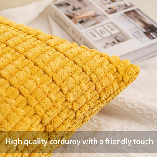 Aegero Pack of 2 Corduroy Decorative Throw Pillow Covers 18x18 InchSoft Boho Striped Pillow Covers Modern Farmhouse Home Decor for Sofa Living Room Couch Bed(Yellow)