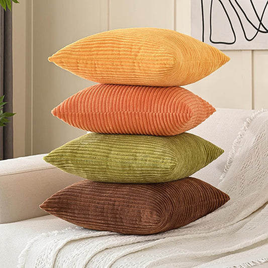 Volcanics Set of 4 Fall Orange Corduroy Decorative Throw Pillow Covers 18x18 Inch, Modern Yellow Green Gradient Couch Pillow Covers, Rustic Western Striped Cushion Covers for Bed Sofa Living Room
