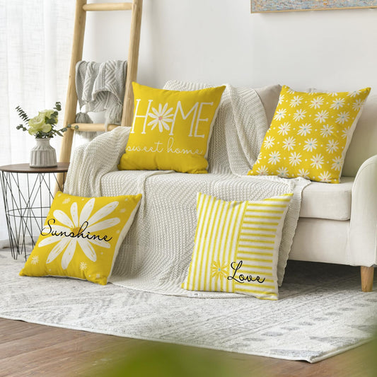 AVOIN colorlife Hello Sunshine Summer Yellow Throw Pillow Covers, 18 x 18 Inch Home Sweet Home Daisy Stripes Cushion Case for Sofa Couch Set of 4