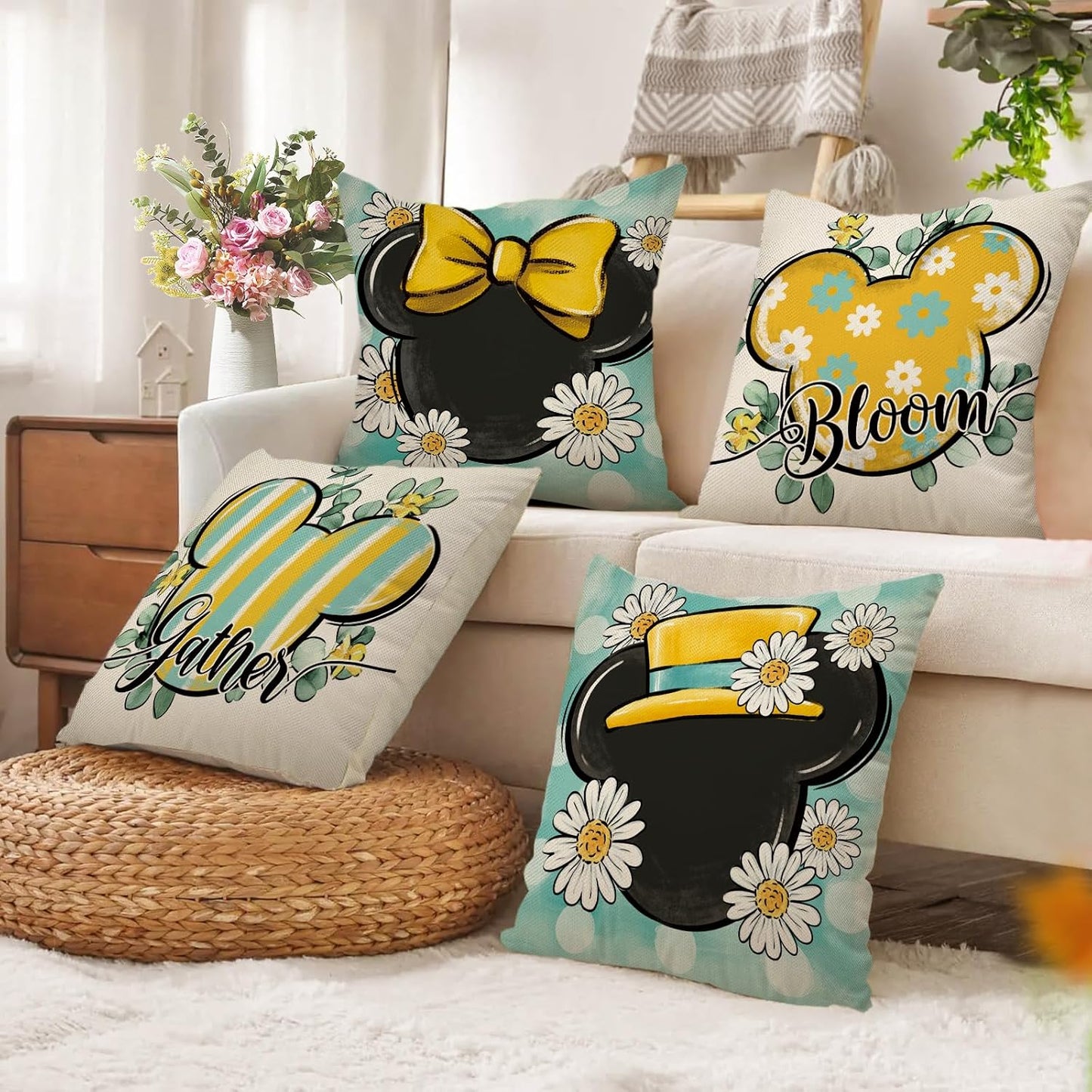 Spring Summer Decorative Throw Pillow Covers 16 x 16 Set of 4, Daisy Flower Eucalyptus Leaves Bloom Gather Cushion Case Decor, Teal Yellow Stripes Polka Dot Home Decoration