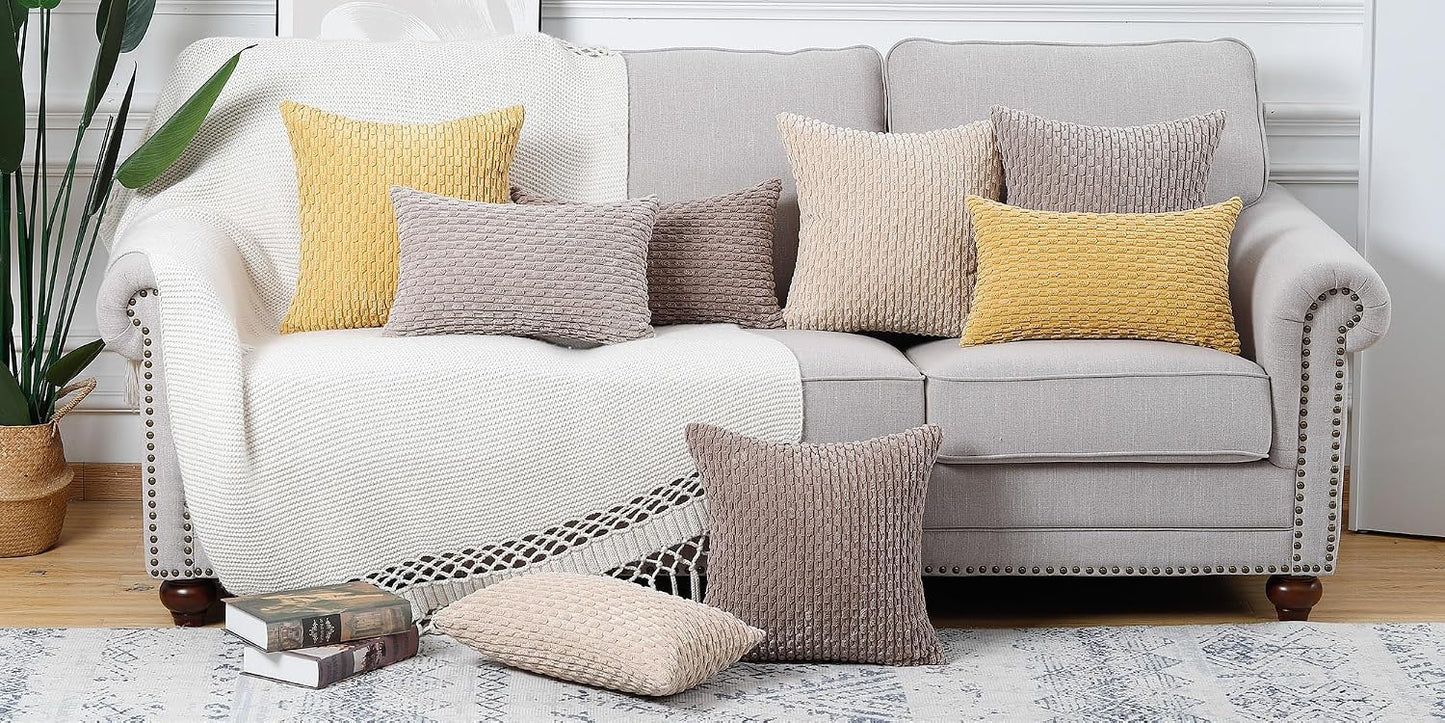 MADIZZ Pack of 2 Corduroy Decorative Euro Sham Pillow Covers 24x24 Inch Yellow Soft Boho Striped Couch Throw Pillows for Bed Pillowcases for Sofa Livingroom Home Decor