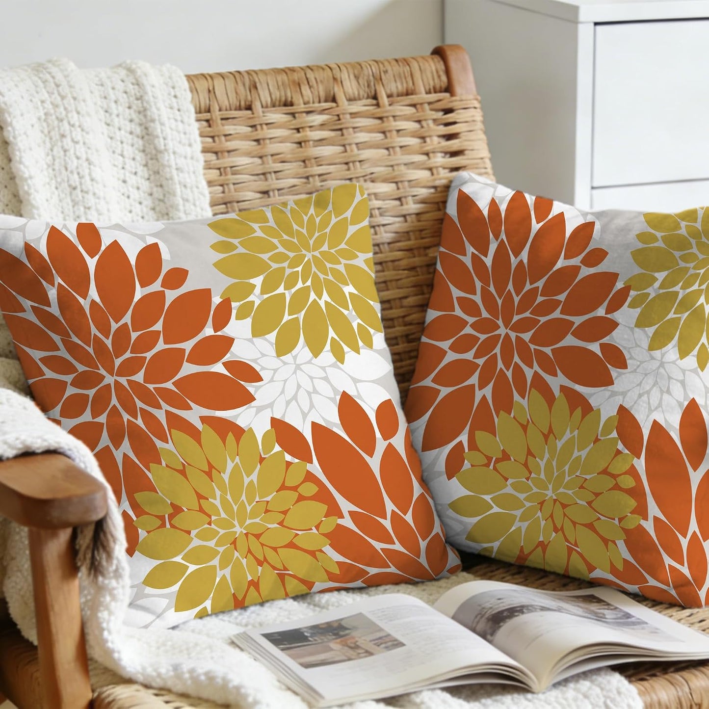 Floral Throw Pillow Covers Bohemian Dahlia Flowers Geometry Graph Modern Soft Cozy Decor Bed Living Room Sofa Rustic Farmhouse Pillow Case Set of 2 Orange Yellow White,18x18 Inch