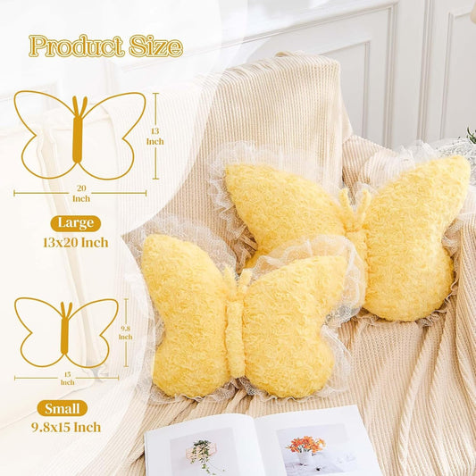 XVTRU Butterfly Pillow Yellow Decorative Pillows 15" Butterfly Shaped Cute Throw Pillows with Lace Aesthetic Bow Plush Cushion for Room Decor Bed Sofa Couch