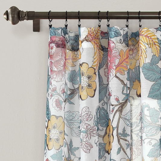 Lush Decor Sydney Sheer Window Curtain Panel Set, Pair, 52" W x 84" L, Blue & Yellow - Botanical Garden Design - Country Cottage Home Decor - Floral Curtains for Bedroom, Living Room, & Dining Room