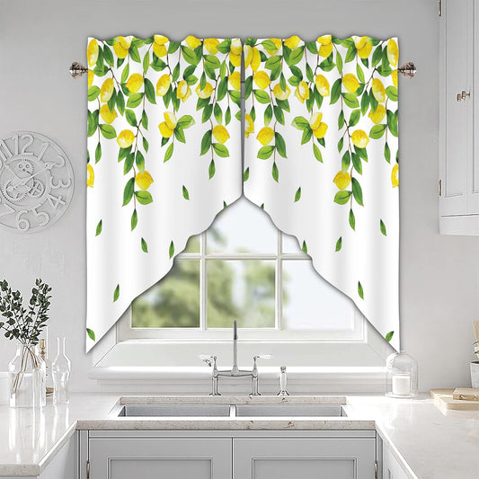 Lemon Swag Curtain Valance for Windows,Yellow Green Window Treatments Short Swag Topper for Kitchen Windows Bathroom Bedroom,28 x 36 Inch, 1 Pair