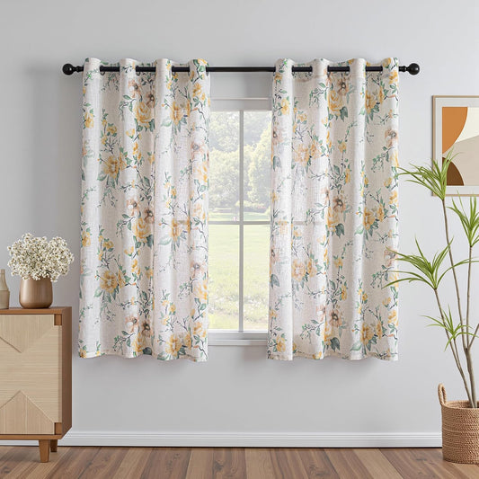 MEETSKY Yellow Floral Curtains 63 Inch Length, Light Filtering Linen Farmhouse Drapes for Living Room Bedroom, Vintage Rose Pattern with Grommet Drapes, 2 Panels, Each 52 Inch Wide