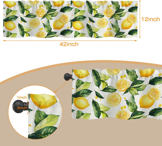 Valances Curtains for Windows,Watercolor Lemons and Leaves Semi Sheer Curtain Valances, Rod Pocket Short Window Treatment Light Filtering Decor Valances for Kitchen Bedroom - 42"x12"