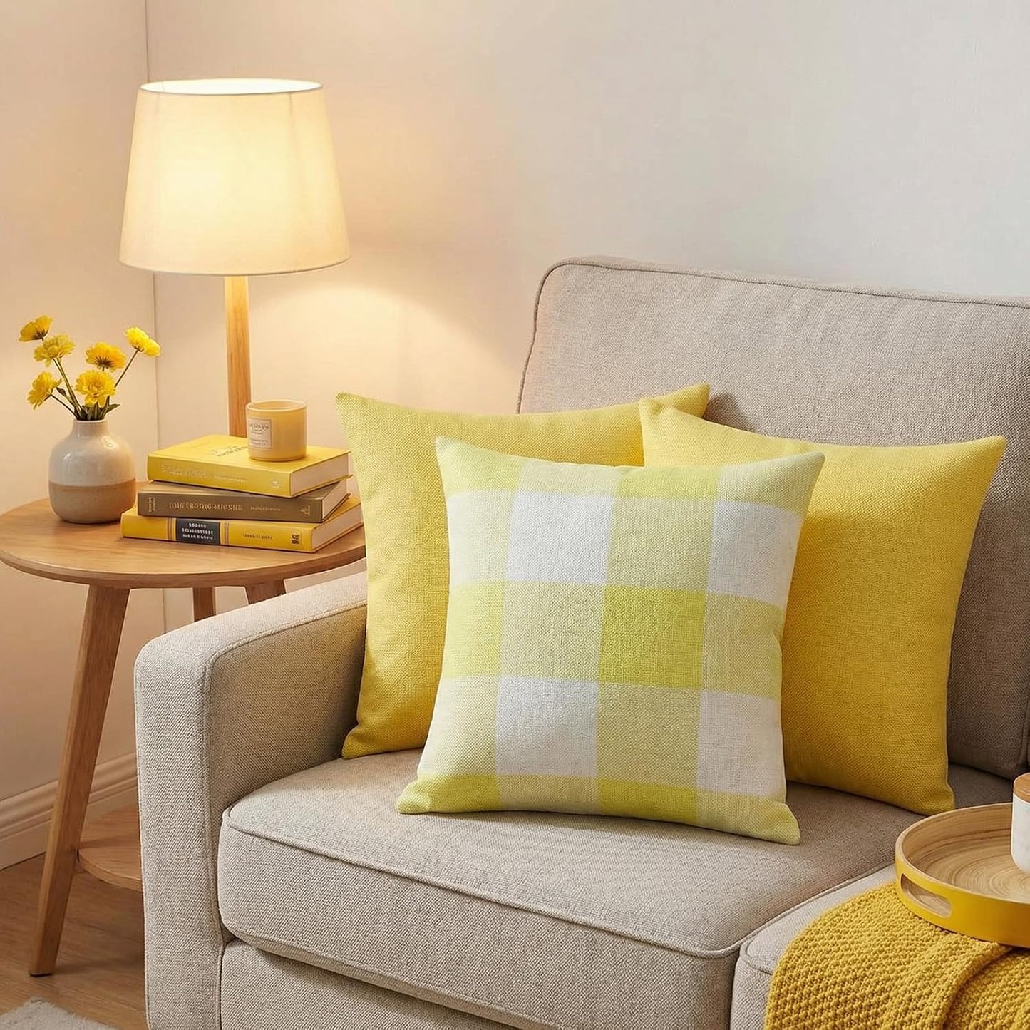 Breling Set of 4 Farmhouse Buffalo Plaid Throw Pillow Covers 18 x 18 Outdoor Home Retro Cushion Case for Summer Christmas Holiday Decor Car Bed Sofa Couch(Yellow Grid)