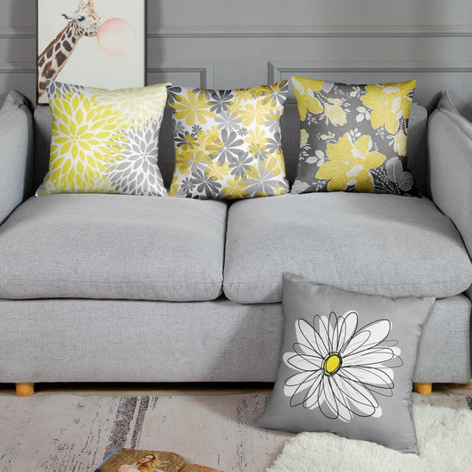 Emvency Set of 4 Throw Pillow Covers Gray and Yellow Modern Daisy with Pretty White Floral Hand Couch Sofa Decorative Pillow Cases Cushion Home Decor Square 18x18 Inches Pillowcases