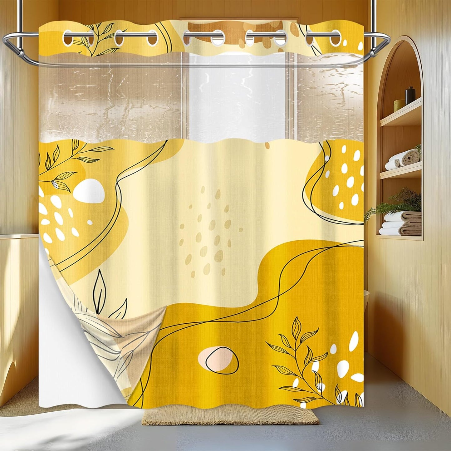 puuiiui Mustard Yellow Hookless Shower Curtain Mesh with Snap in Liner, Light Yellow Boho No Hook Double Layer Shower Curtain and Liner Set, Ringless with Window Waterproof Cloth Fabric, 71"W x 86"L