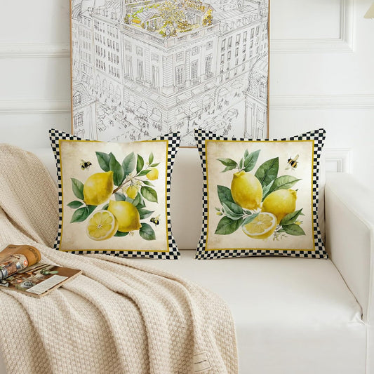 Summer Pillow Covers 18x18 Inch Set of 2 Lemon Decorative Black Plaid Throw Pillows Outdoor Porch Cushion Cases for Sofa Couch