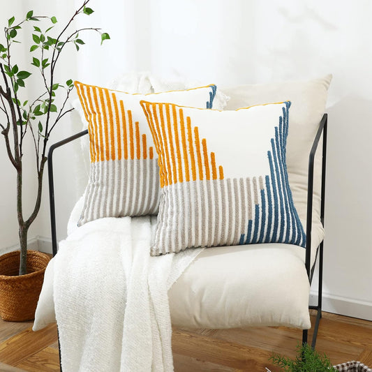 Boho Throw Pillow Covers 18x18 Pack of 2 Modern Striped Patchwork Farmhouse Pillow Covers Decorative for Couch Sofa Bed Outdoor Yellow and Blue Throw Pillow Covers