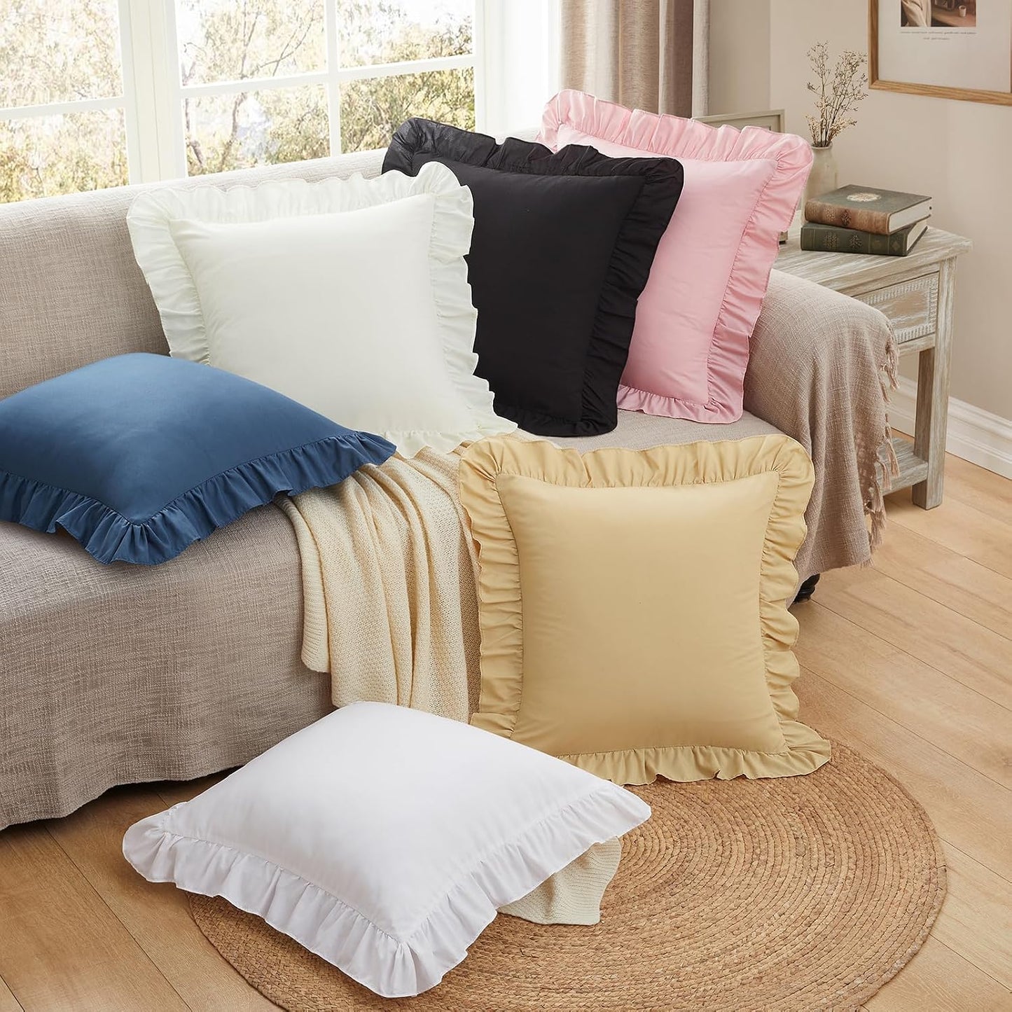 2 Pack Ruffle Throw Pillow Covers 18x18 Inches, Yellow Square Pillow Cases Microfiber Decorative Pillow Shams for Sofa Couch Bedroom Living Room