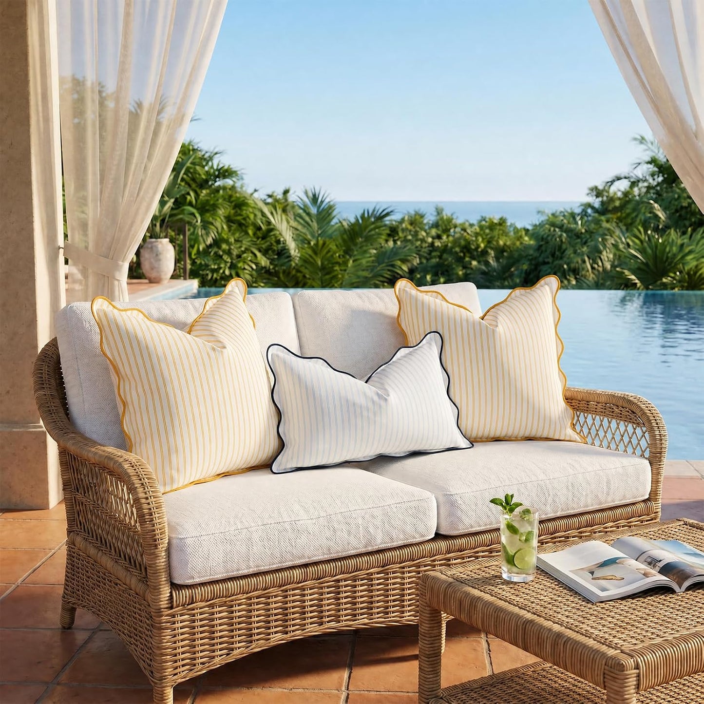 DEZENE 18x18 Yellow Outdoor Pillow Covers Pack of 2, Striped Scalloped Coastal Farmhouse Water Resistant Throw Pillow Cases Cushion Cover for Patio and Porch Decor