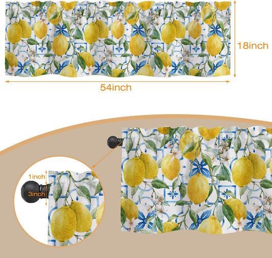 Curtain Valances,Hand Drawn Lemons and Blue Tiles Semi Sheer Kitchen Windows Valances,Rod Pocket Short Window Treatment Light Filtering Decor Valances for Kitchen Living Room Bedroom Windows - 54"x18"