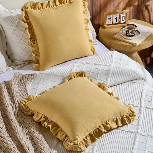 AmHoo Pack of 2 Throw Pillow Covers 100% Cotton Pre Washed Ruffle Decorative Pillowcase Cushion for Couch Sofa Bedroom 18 x 18-Inch Yarrow Yellow