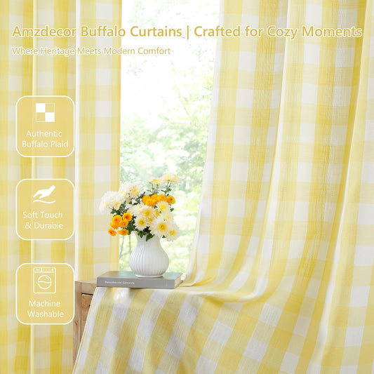 Amzdecor Buffalo Plaid Grommet Curtains 54 Inch Length, Semi-Sheer Gingham Checkered Textured Drapes Rustic Window Treatment for Living Room Bedroom Farmhouse,2 Panels (40" x 54",Yellow & White)