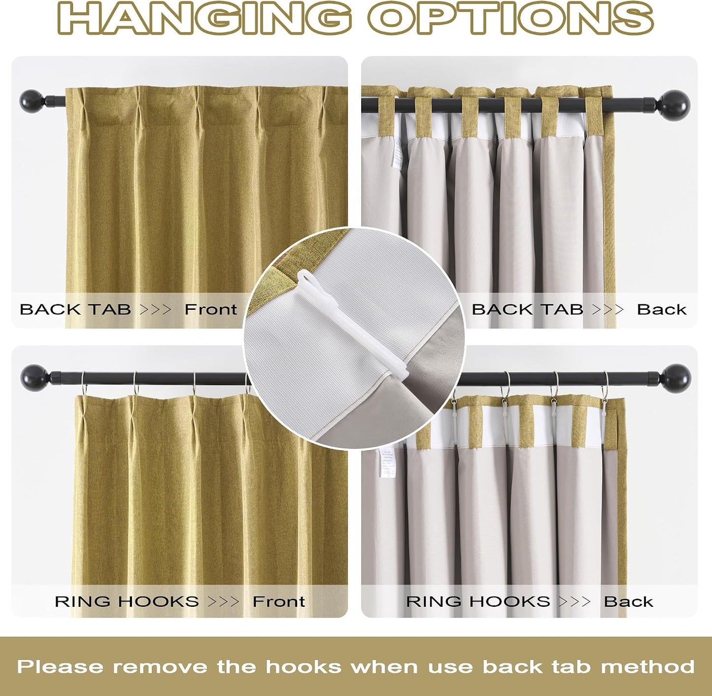 DUALIFE Mustard Yellow Pinch Pleated Blackout Curtains 108 Inches Long, Back Tab with Hooks, Linen Full Black Out Thermal Insulated Track Curtain for Bedroom Living Room,40 W x 108 L, 2 Panels