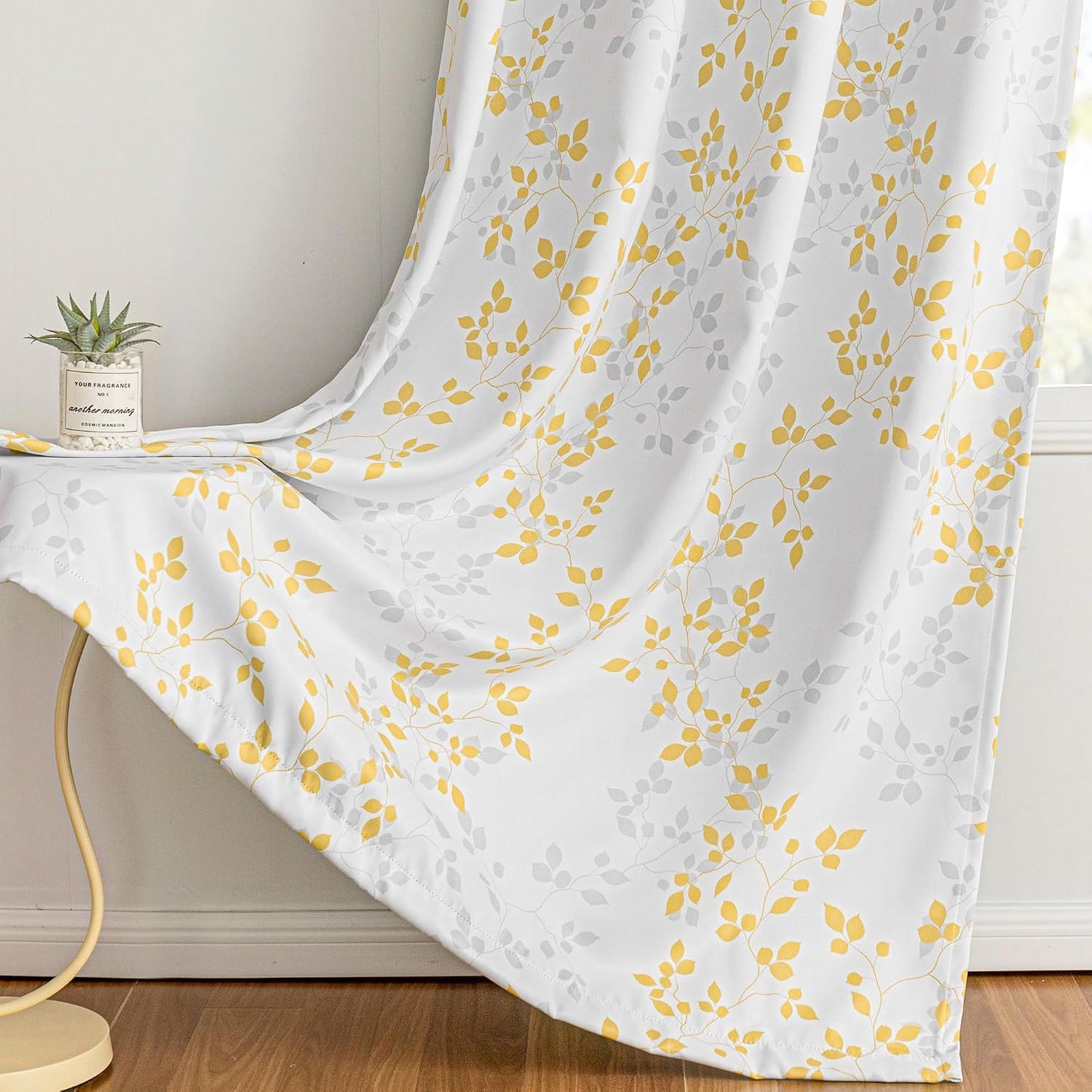 MEETSKY 95% Blackout Yellow Curtains 84 Inches Long 2 Panels Set - Leaves Printed Curtains for Living Room, Grommet Thermal Insulated Drapes, Light Blocking Window Curtain for Bedroom (52''W x 84" L)